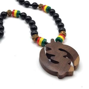 Wood Adinkra Rasta Bead Necklace 26in